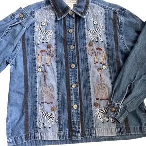 Vintage Dress Barn Denim Safari Animal Embroidered Shirt Blue Cotton Womens S